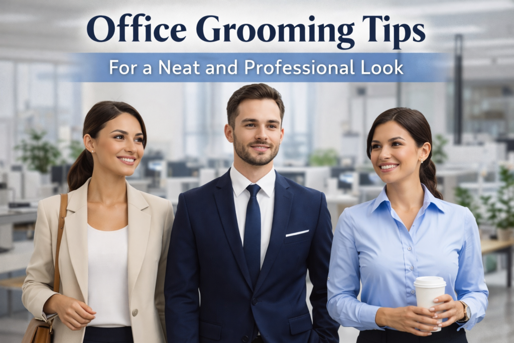 Office grooming tips showing professionally dressed men and women with neat hairstyle and confident workplace appearance.