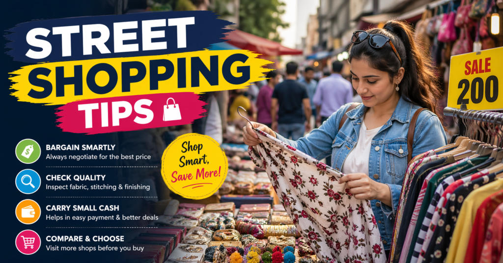Street shopping tips banner showing a woman selecting clothes in a busy outdoor street market with colorful stalls and shopping guide text