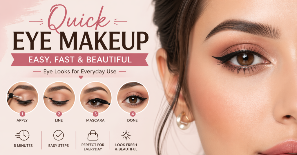 Quick Eye Makeup tutorial infographic showing easy steps like applying eyeshadow, eyeliner, and mascara with a close-up of a woman’s eye makeup look.