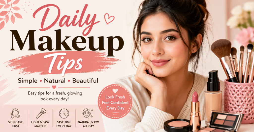 Daily makeup tips for a fresh and natural look with light face makeup and basic beauty products