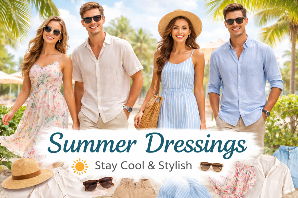 Summer dressings promotional banner showing stylish men and women in light summer outfits like cotton dresses and linen shirts on a sunny beach background