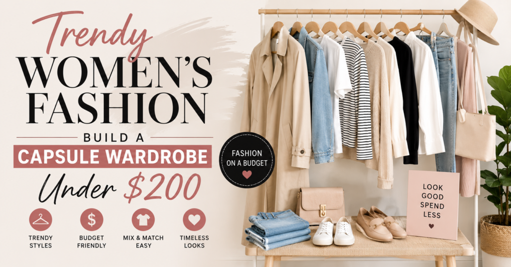 Minimalist capsule wardrobe with trendy women's fashion clothing, shoes, handbag, and neutral fashion essentials under $200.