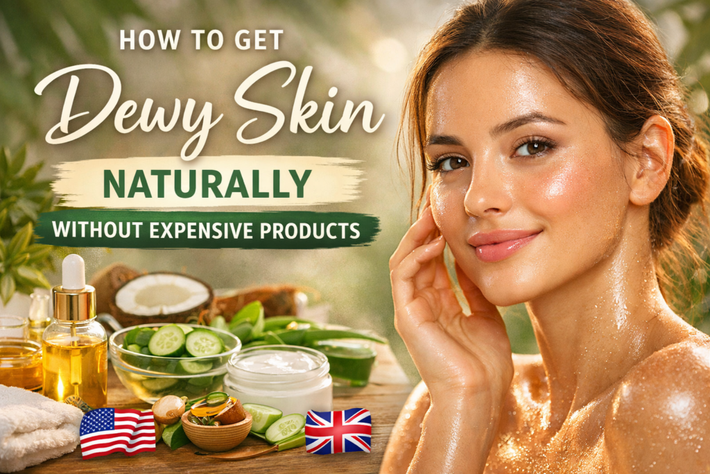 Young woman with glowing dewy skin naturally smiling and touching her cheek with skincare products like orange, oil dropper, and cream jar beside her, framed against a soft green background.