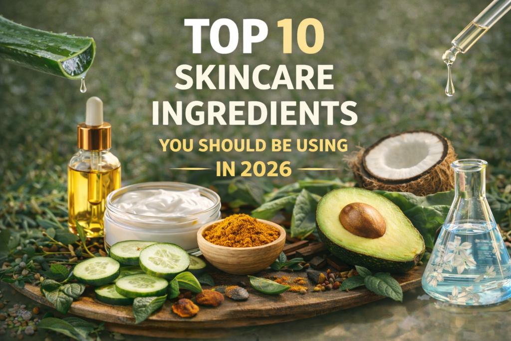 Top 10 Skincare Ingredients 2026 shown through a modern skincare and natural glow concept