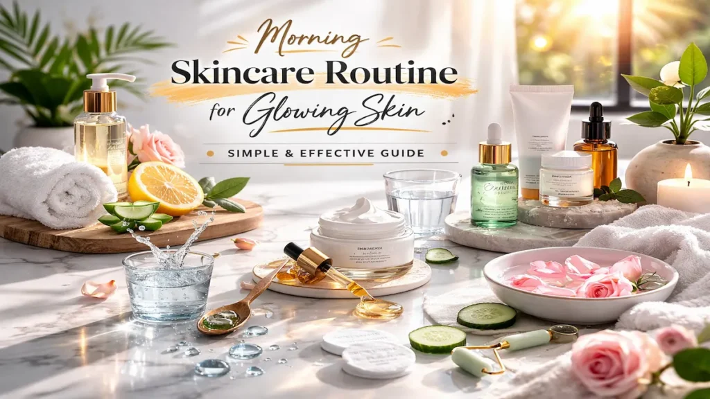 Best morning skincare routine for glowing skin with cleanser, serum, moisturizer and sunscreen for UK and USA weather
