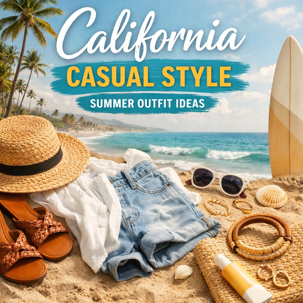 A vibrant flat lay featuring summer clothing essentials for a California Casual Style. The image includes a straw hat, denim shorts, brown sandals, sunglasses, and accessories like bracelets and sunscreen, set against a scenic beach backdrop with turquoise waves, palm trees, and distant mountains.
