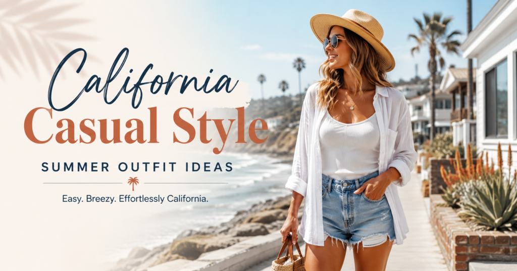 Woman wearing a California Casual Style summer outfit with a white shirt, tank top, denim shorts, straw hat, and sunglasses near a sunny beach.