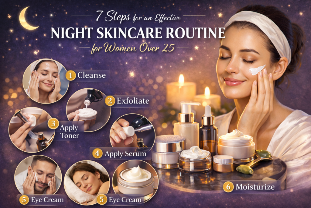 Ultimate Night Skincare Routine for Women Over 25 A woman applies cream to her face while surrounded by glowing candles, showcasing various skincare products in soft purple and gold hues.