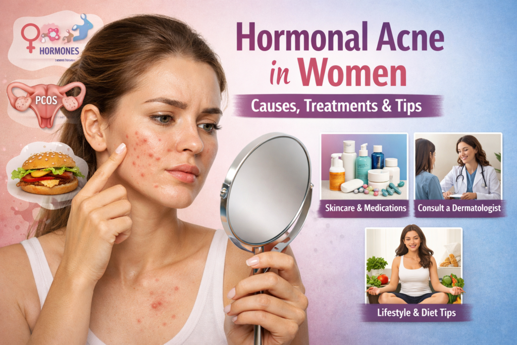 Hormonal Acne in Women A young woman with acne examines her face in a mirror, while illustrations of hormones, PCOS, and unhealthy food surround her. The title "Hormonal Acne in Women" appears alongside sections for skincare, medical consultations, and healthy lifestyle tips, set against a pink-to-blue gradient background.