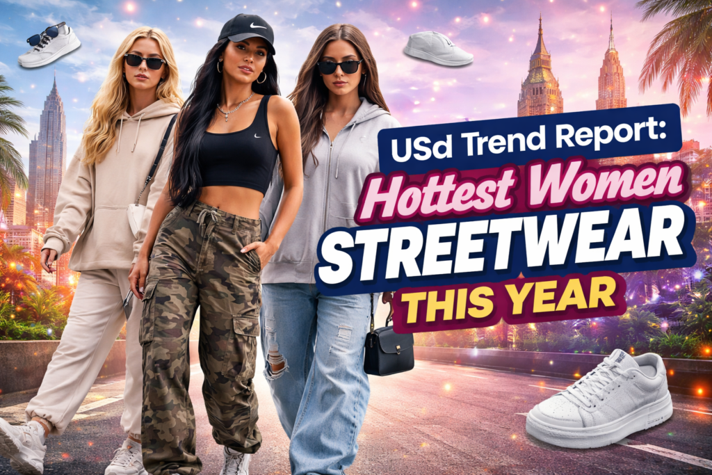 Women's Streetwear 2026 showing trendy women wearing oversized hoodies, cargo pants, and sneakers inspired by modern USA and UK street style
