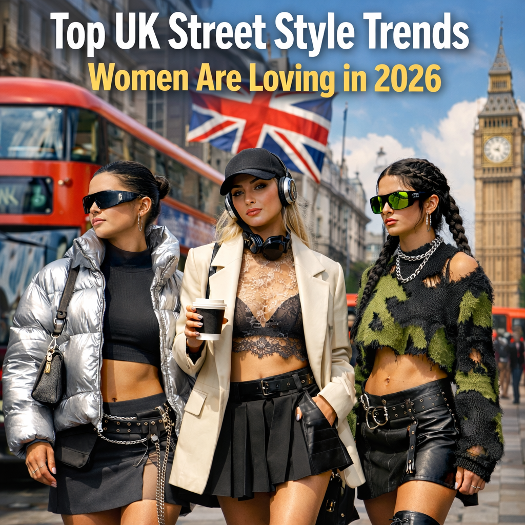 Three women dressed in bold street styles stand in front of London’s iconic landmarks, including Big Ben and a red double-decker bus, showcasing the latest fashion Trends Women Are Loving in 2026 .