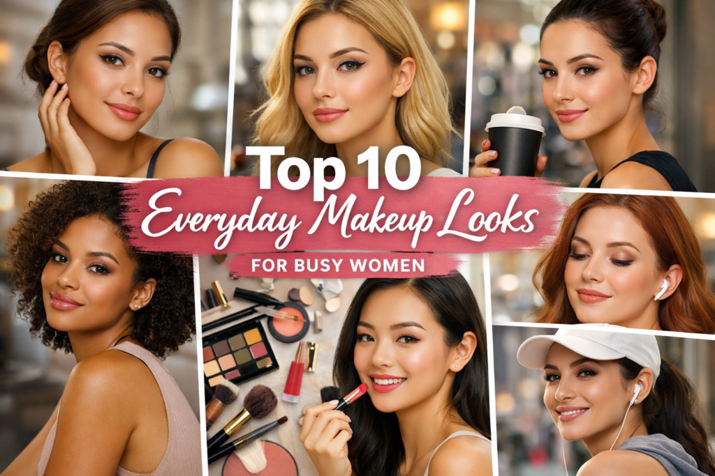 Collage of six women from different ethnic backgrounds showcasing various simple and stylish everyday makeup looks, with a pink and white title banner reading 'Top 10 Everyday Makeup Looks for Busy Women' across the center.