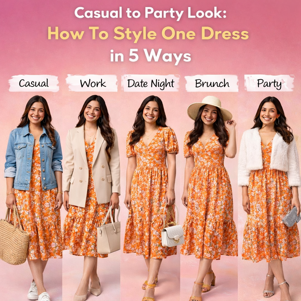 A young South Asian woman showcasing five different styles of the same orange floral midi dress, transitioning from casual to party look, with each outfit labeled for casual, work, date night, brunch, and party, against a soft pink gradient background