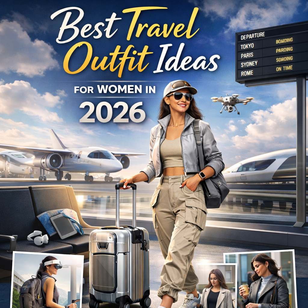 Best Travel Outfit Ideas for Women outfit ideas at an airport, with futuristic elements like electric planes and Hyperloop trains in the background.