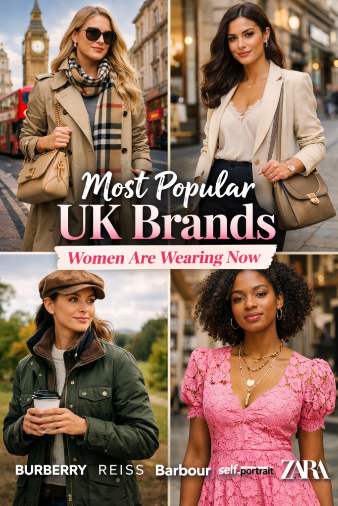A stylish digital collage featuring four fashionable women showcasing the most popular UK brands for women like Burberry, Reiss, Barbour, Self-Portrait, and Zara. Each woman is styled in iconic outfits representing these brands, set in different environments, from city streets to outdoor landscapes.
