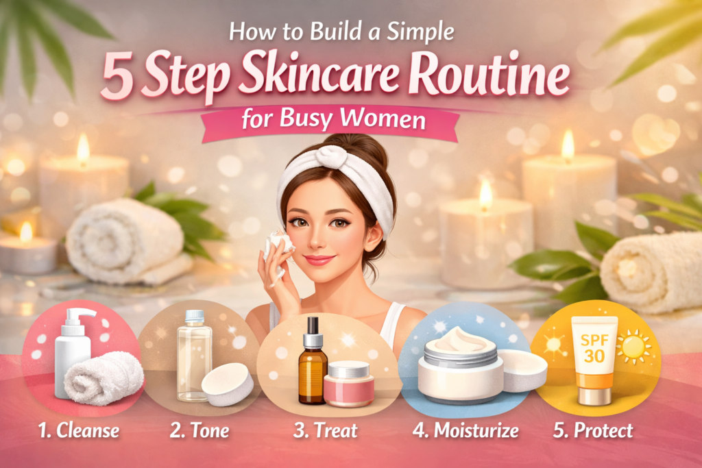 .Simple 5 Step Skincare Routine for busy women, featuring a smiling woman applying face cream. The steps include Cleanse, Tone, Treat, Moisturize, and Protect, each illustrated with corresponding skincare products.