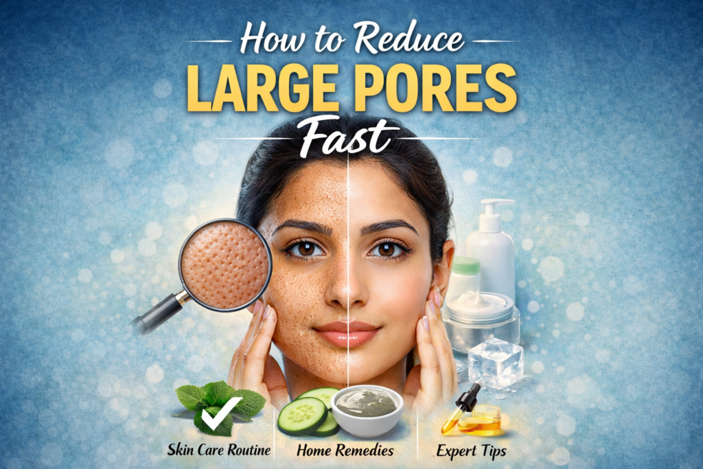 How to Reduce Large Pores Fast – before and after face comparison showing enlarged pores on one side and smooth glowing skin on the other with skincare and home remedies concept