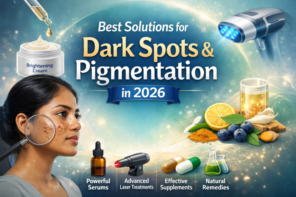 Best solutions for dark spots & pigmentation in 2026 showing skincare products and glowing clear skin