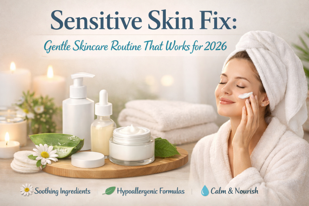 A woman with a towel on her head applies cream to her face in a serene bathroom setting. The countertop displays soothing skincare products, including aloe vera, chamomile, and lit candles, emphasizing a gentle skincare routine for sensitive skin.