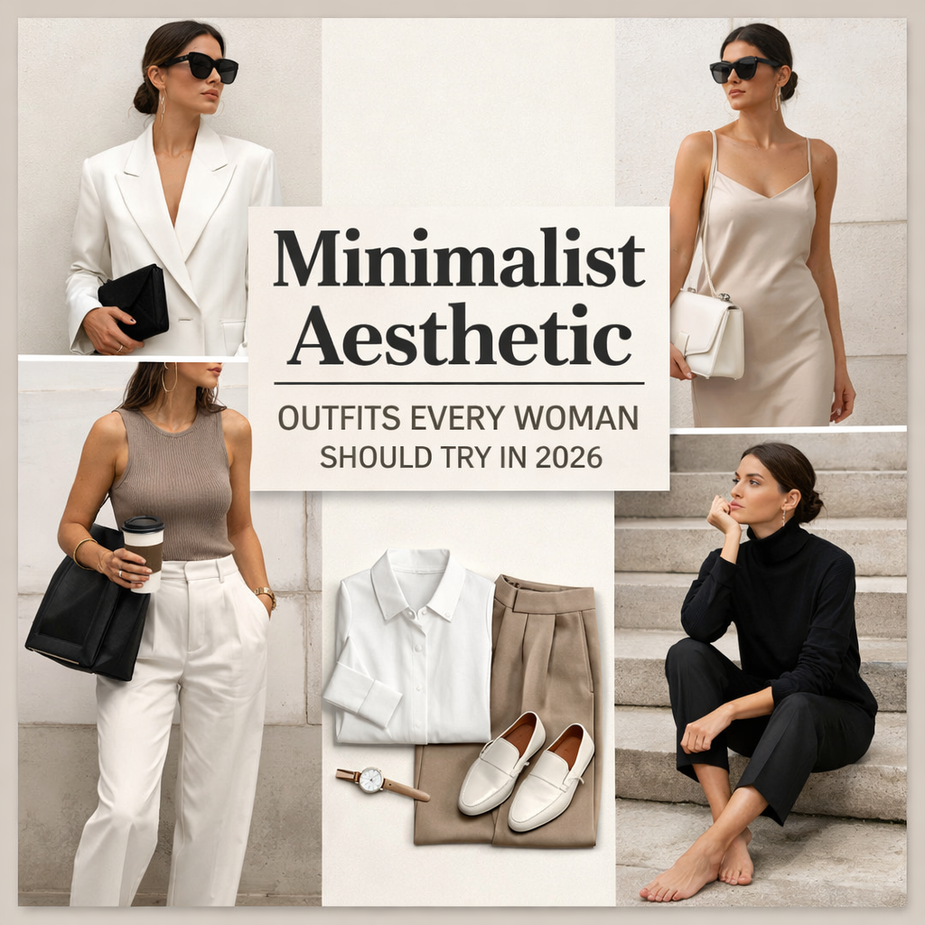 Minimalist aesthetic outfits for women in 2026 featuring stylish combinations of neutral tones and sophisticated accessories.