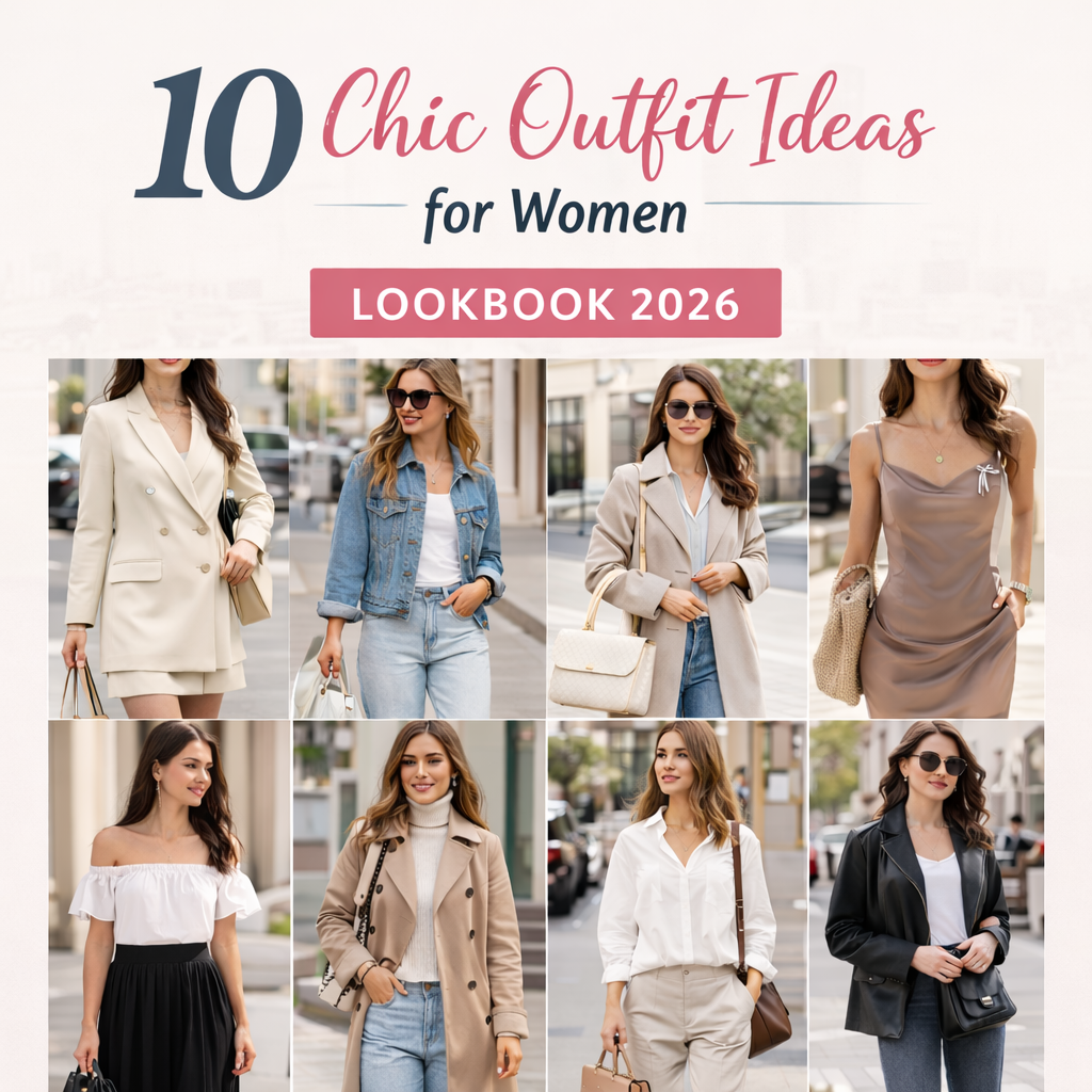A stylish lookbook featuring 10 chic outfit ideas for women in 2026. The collage includes women posing in fashionable outfits such as blazers, denim jackets, and dresses, all set against a vibrant urban backdrop with soft pastel tones.