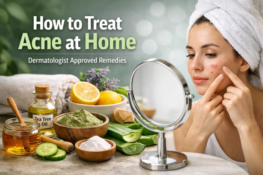 to Treat Acne at Home A woman with light skin examines her acne in a mirror, surrounded by natural skincare remedies like tea tree oil, honey, aloe vera, and cucumber slices, promoting dermatologist-approved home treatments for acne. The soft, blurred background features greenery and calming bokeh lights.