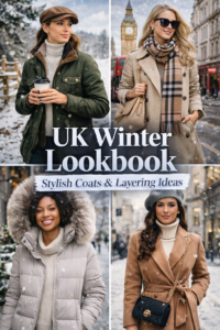 digital collage featuring four women styled in chic winter coats and accessories for the UK winter season. Each woman is showcased in a snowy urban backdrop, with stylish layering ideas including puffer jackets, trench coats, and scarves. The title "UK Winter Lookbook" appears at the top in bold white, with "Stylish Coats & Layering Ideas" beneath.