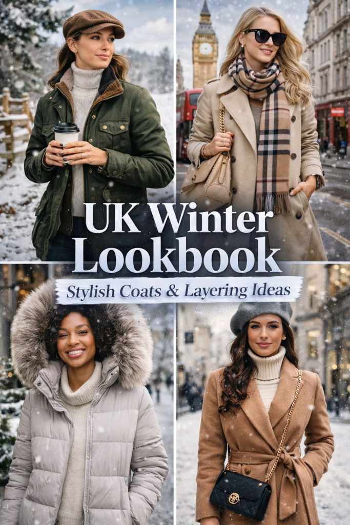 digital collage featuring four women styled in chic winter coats and accessories for the UK winter season. Each woman is showcased in a snowy urban backdrop, with stylish layering ideas including puffer jackets, trench coats, and scarves. The title "UK Winter Lookbook" appears at the top in bold white, with "Stylish Coats & Layering Ideas" beneath.