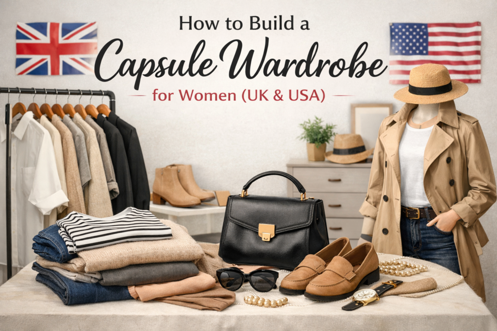 A well-curated capsule wardrobe for women, featuring neutral-toned clothing, accessories like sunglasses, a handbag, shoes, and jewelry, with UK and USA flags in the background.