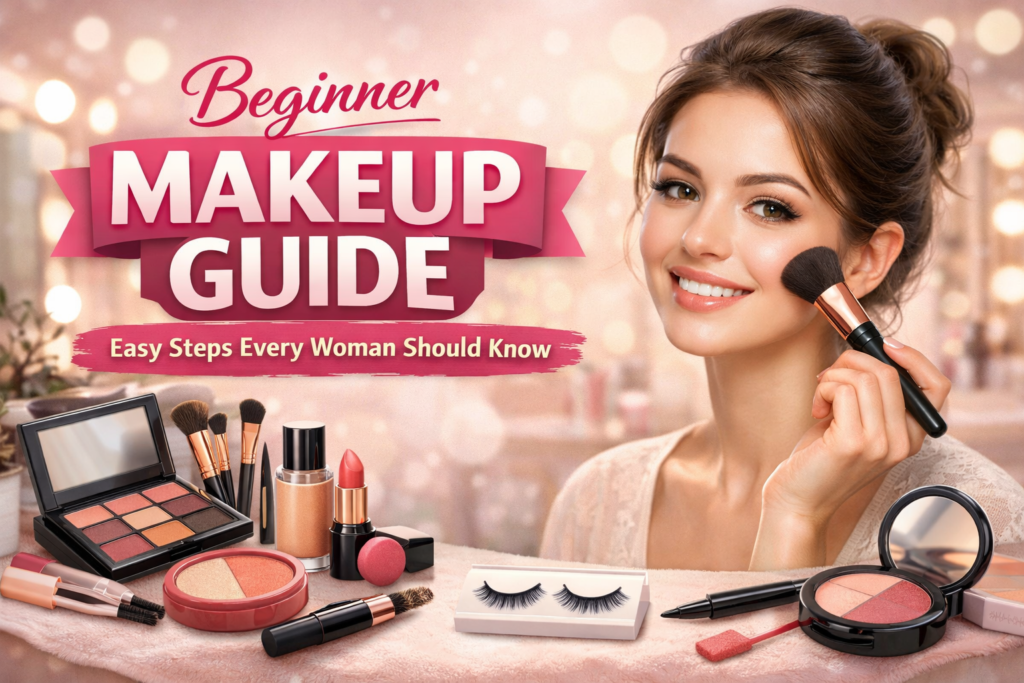 A young woman smiling while applying makeup with a rose-gold accented brush, surrounded by various makeup products such as lipsticks, eyeshadow palettes, and brushes, with a blurred vanity mirror in the background. The text "Beginner Makeup Guide: Easy Steps Every Woman Should Know" is prominently displayed.