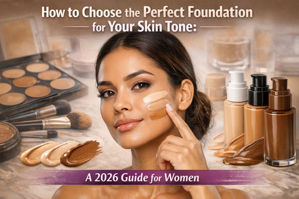 A woman with medium-toned skin tests foundation swatches on her cheek, surrounded by makeup tools and foundation bottles. The image has a soft focus background with a purple banner displaying the title, "How to Choosing the Perfect Foundation for Your Skin Tone: A 2026 Guide for Women."