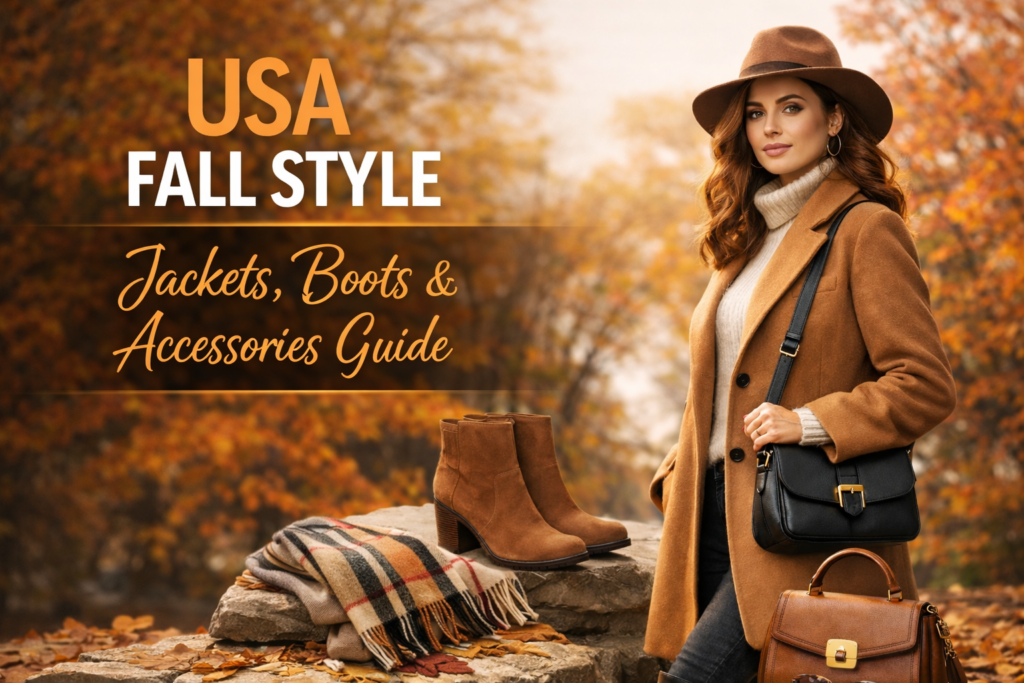 USA fall style 2026 featuring a woman wearing a camel jacket, fall boots, and accessories for autumn fashion inspiration