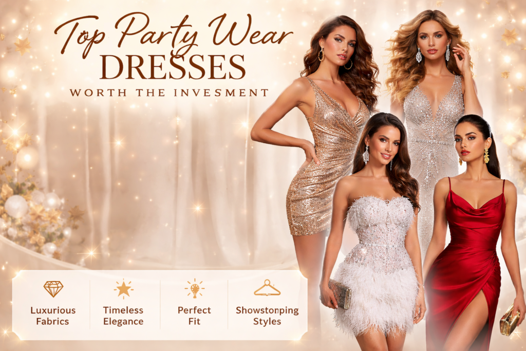 Four women wearing luxurious Top Party Wear Dresses in a glamorous, sparkling setting with elegant gold text reading 'Top Party Wear Dresses Worth the Investment.