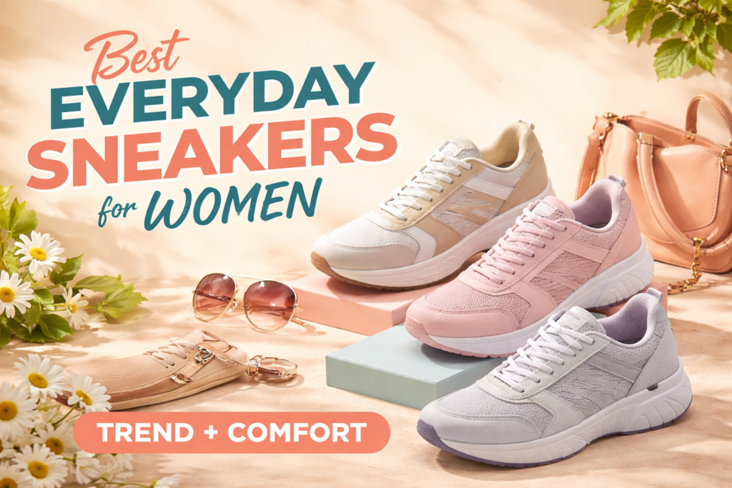 Three pairs of stylish women's sneakers in beige, pink, and light gray, displayed on pastel platforms with sunglasses, a peach handbag, and flowers in a bright, cozy setting. Text overlay reads 'Best Everyday Sneakers for Women – Trend + Comfort
