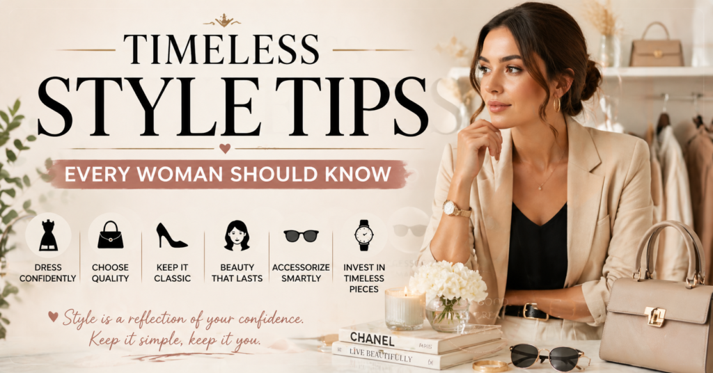 Feature image for "Timeless Style Tips Every Woman Should Know" showing a confident woman in a cream blazer on the right, with bold typography, fashion icons (handbag, shoes, perfume, watch, sunglasses), and a neutral beige background, conveying elegance and timeless fashion advice.