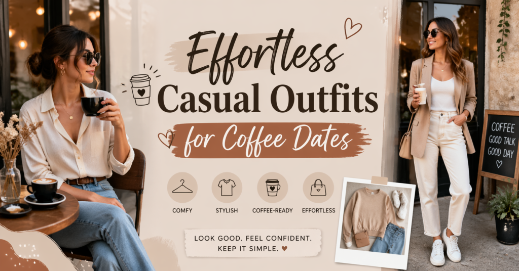 A stylish young woman enjoying coffee at a cozy café, dressed in effortless casual outfits. Another woman stands outside the café holding a takeaway cup, showcasing relaxed yet chic fashion for coffee dates.