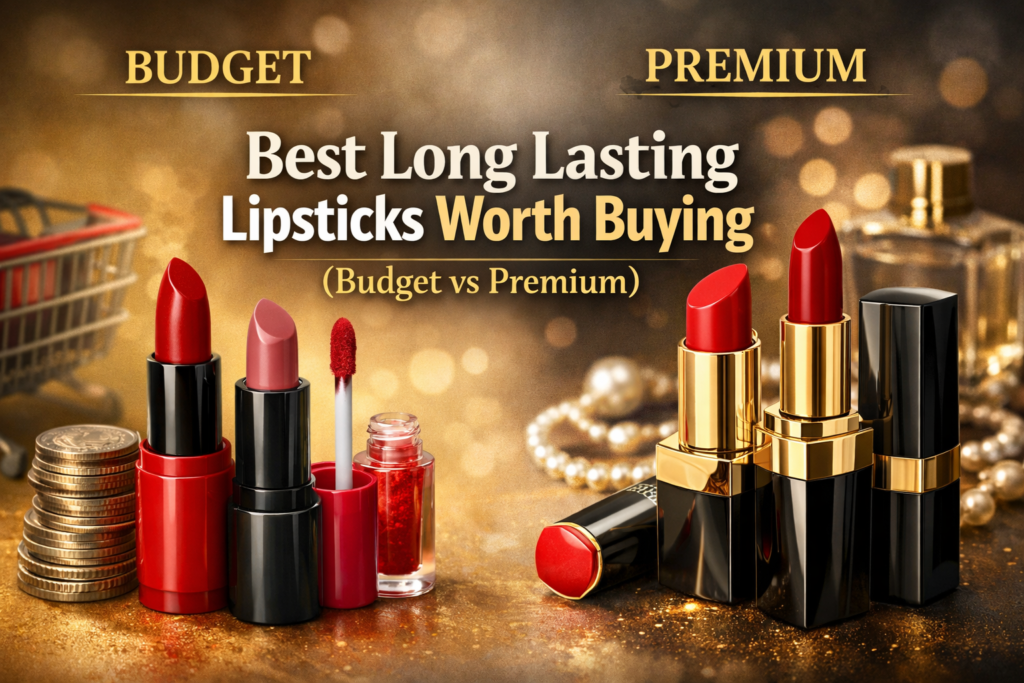 Best Long Lasting Lipsticks comparison of budget and premium options with vibrant red and pink shades, showing coins and shopping cart for budget, and pearls and perfume for premium.