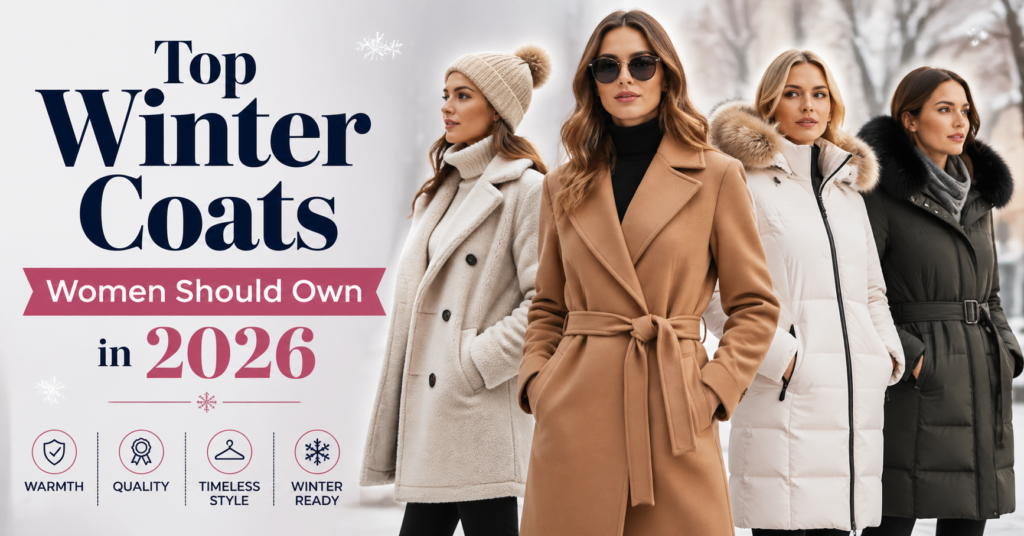 Five fashionable Winter Coats women outdoors wearing different styles of winter coats including puffer, wool, trench, and faux fur, with a snowy background and winter accessories.
