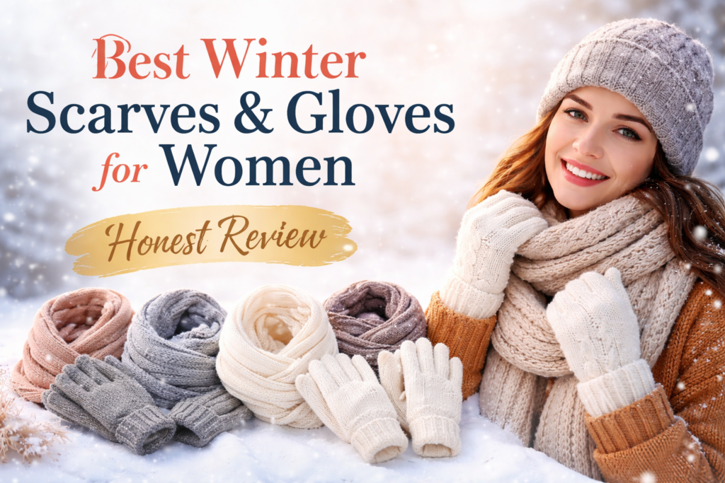 Best Winter Scarves & Gloves for Women: cheerful woman wearing a cozy beige scarf, cream gloves, and gray beanie surrounded by neatly arranged winter scarves and gloves in a snowy setting.