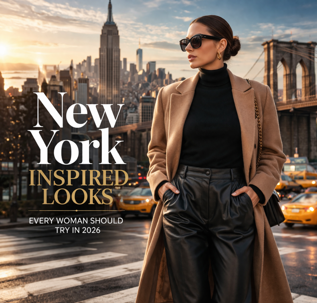 A chic woman in New York City, styled in a beige coat and black sweater, walking confidently with a coffee cup, surrounded by the iconic skyline and yellow taxis. The text overlay reads "New York Inspired Looks, Every Woman Should Try in 2026.