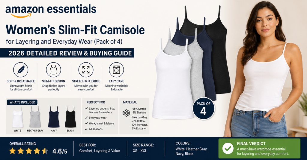 Amazon Essentials Women's Slim-Fit Camisole pack of 4 shown in white, gray, navy, and black for layering and everyday wear