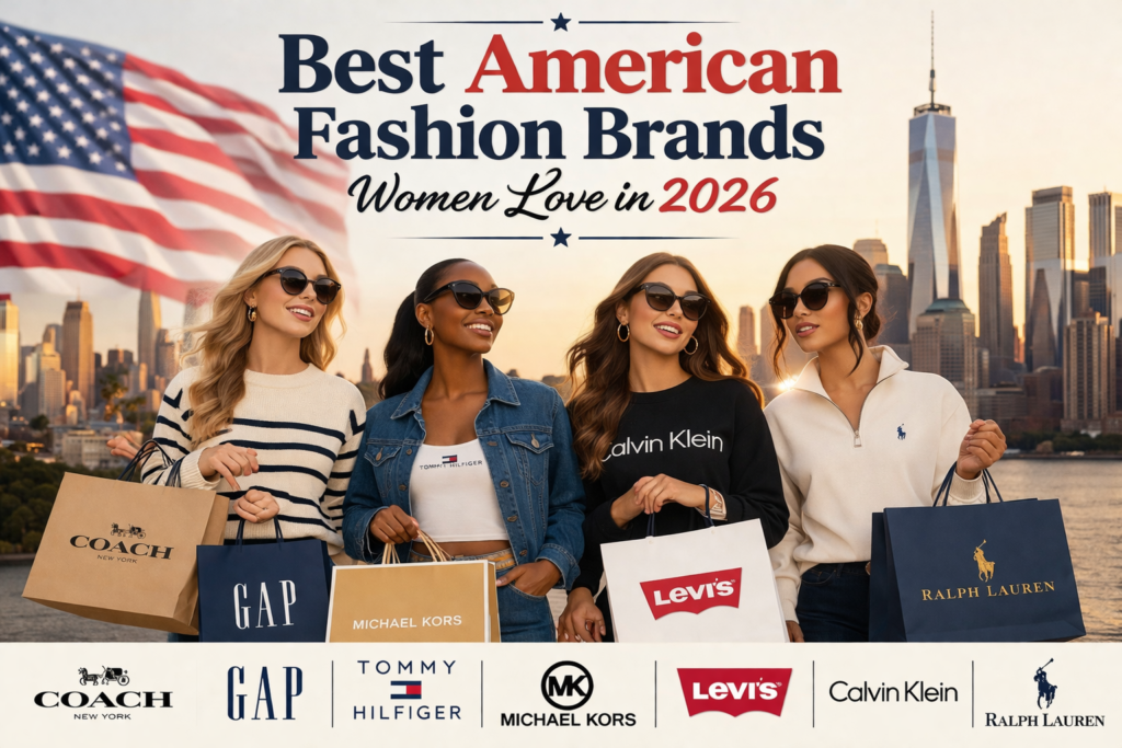Best American fashion brands women love in 2026 featuring modern stylish women wearing trendy American outfits.