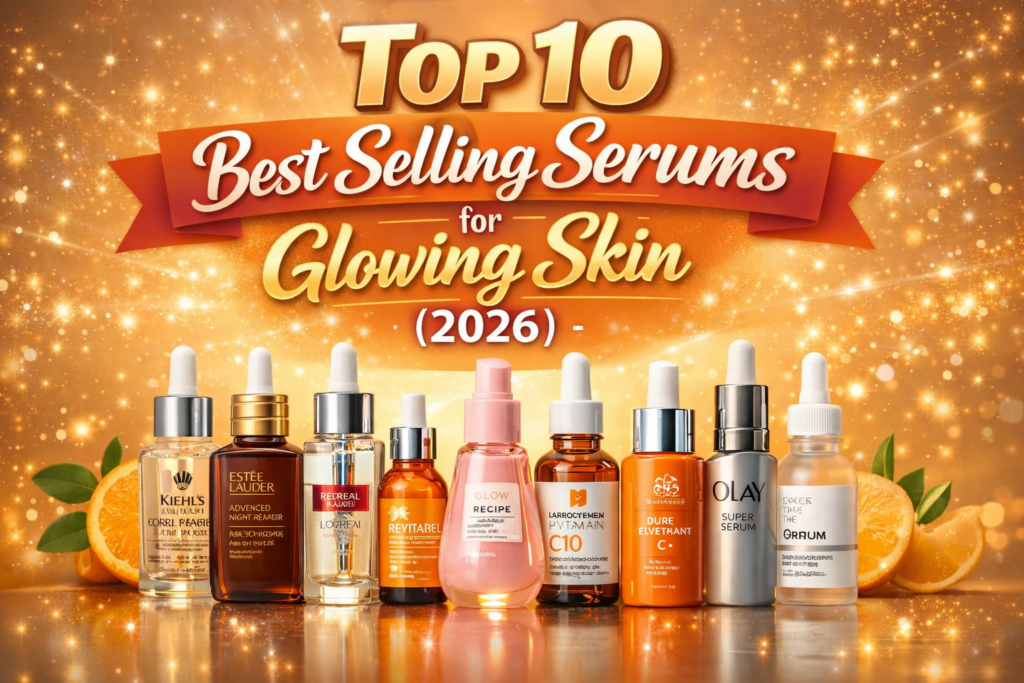 Top 10 best selling serums for glowing skin in 2026 with luxury skincare bottles