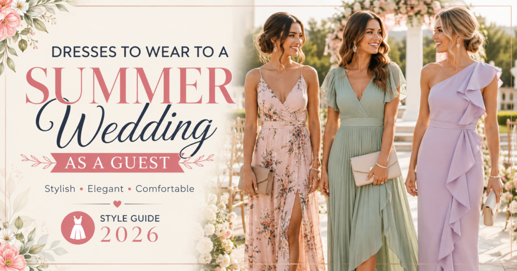 Stylish women wearing elegant summer wedding as a guest dresses in pastel colors at outdoor garden wedding, fashion guide for summer wedding outfit ideas 2026