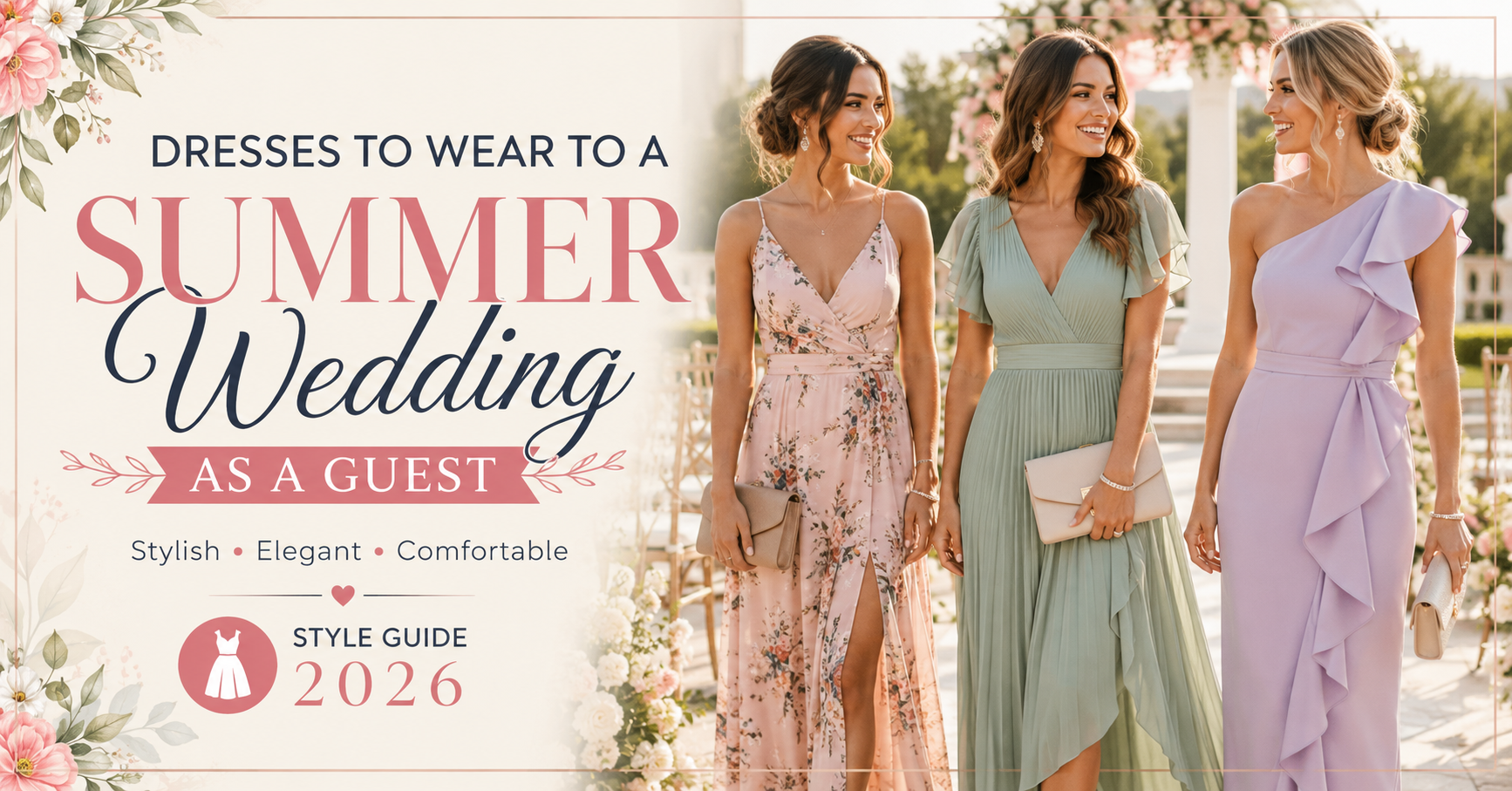 Stylish women wearing elegant summer wedding as a guest dresses in pastel colors at outdoor garden wedding, fashion guide for summer wedding outfit ideas 2026