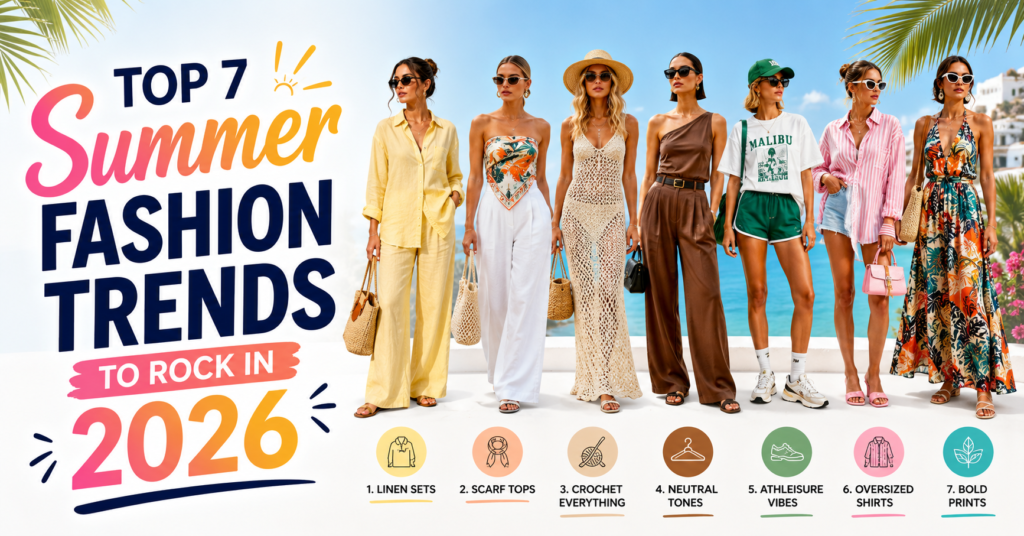 Summer Fashion 2026 trends featuring bold colors, sustainable fabrics, relaxed outfits, and stylish accessories.