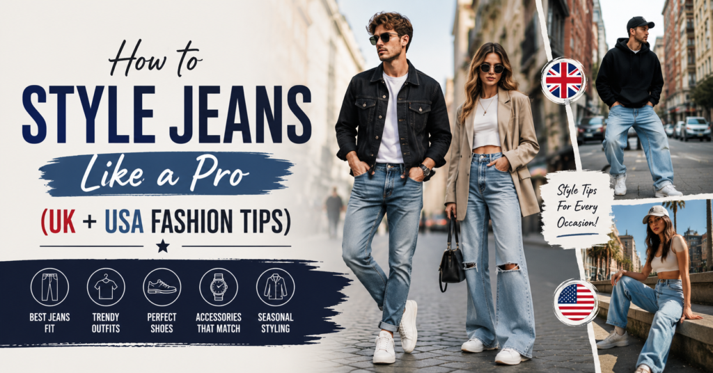 How to style jeans like a pro with modern UK and USA fashion outfits, featuring men and women wearing trendy denim looks.