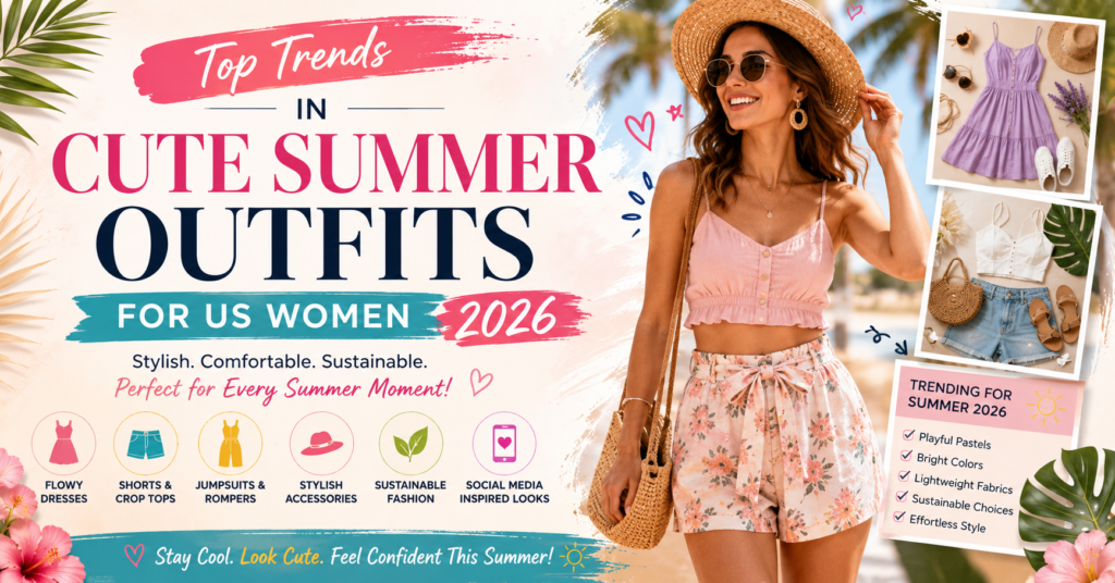 Cute summer outfits for US women 2026 with flowy dresses, pastel colors, shorts, crop tops, and lightweight jumpsuits
