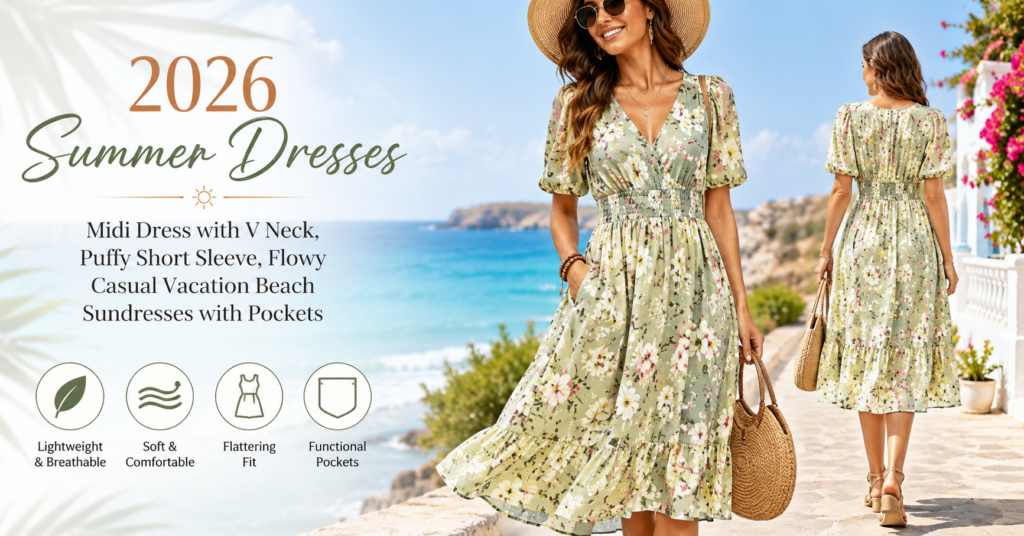 Summer dresses midi 2026 with V neck and puffy short sleeves, flowy floral beach sundress with pockets worn by a woman at a seaside vacation spot.