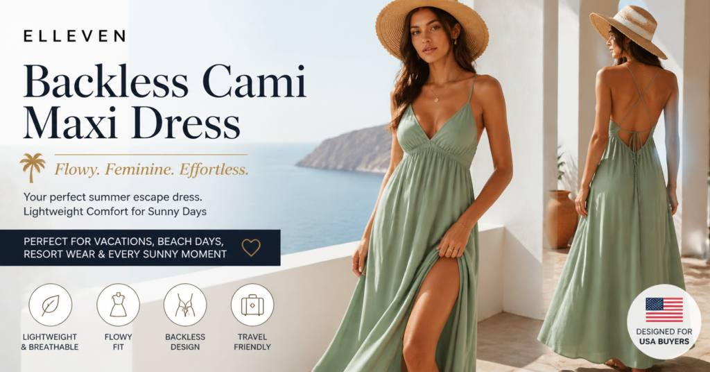 Model wearing a sage green ELLEVEN backless cami maxi dress on a sunny beach terrace, with front slit and spaghetti straps, styled with a wide-brim straw hat, showcasing a flowy summer vacation look designed for USA buyers